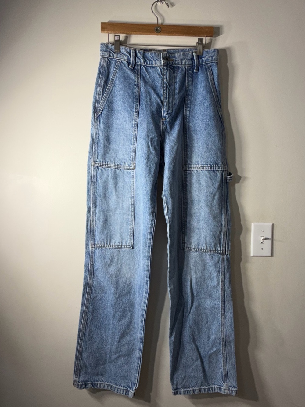 Zara High Rise Light Wash Carpenter Cargo Wide Leg Retro Denim Jeans size 2